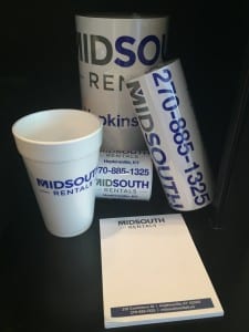 MidSouth Rentals in Hopkinsville Notepad, Stickers and Cup from Williams Advertising